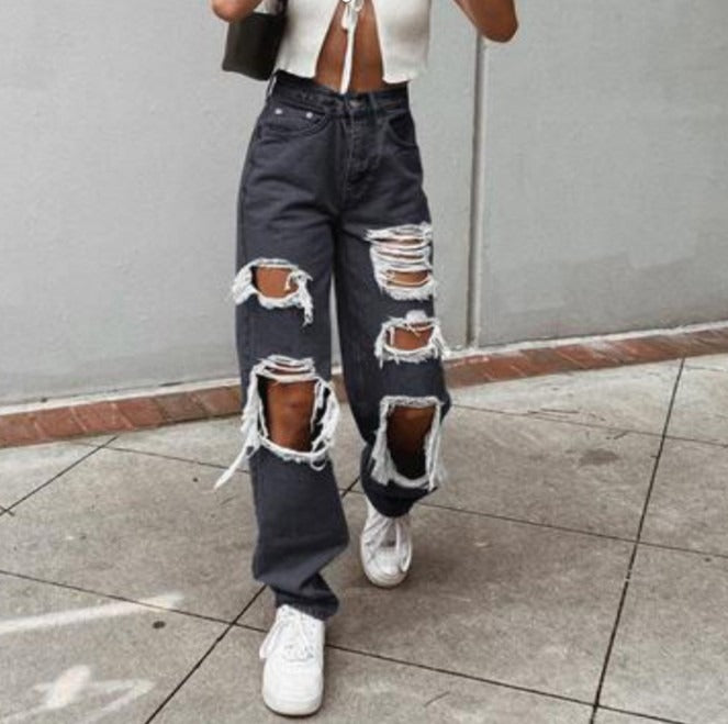 RAZO’s Sexy Summer Ripped Jeans Woman High Waist Holes Destroyed Broken Wide Pants Vintage Female Denim Trousers Distressed Designer