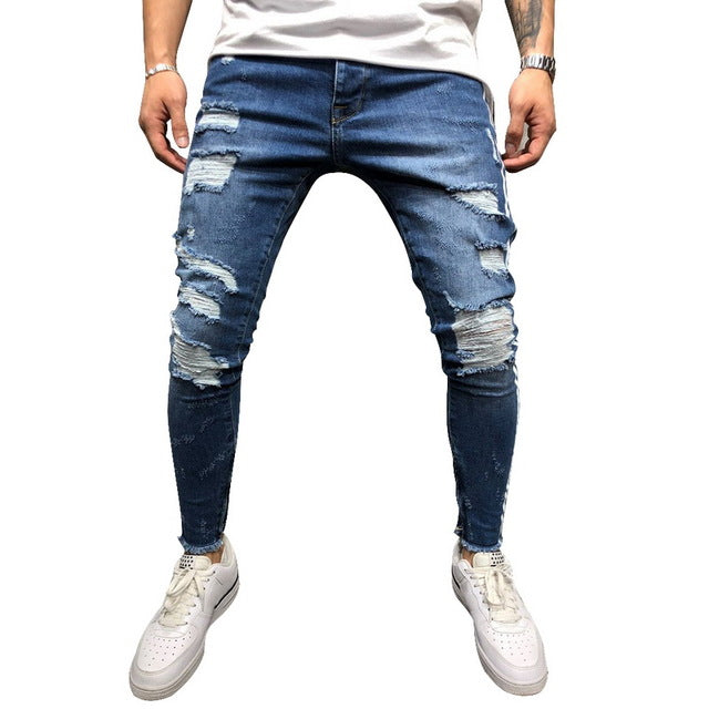 Ripped Side Striped Jeans Fashion Streetwear Mens Skinny Stretch Jeans Pants Slim Casual Denim