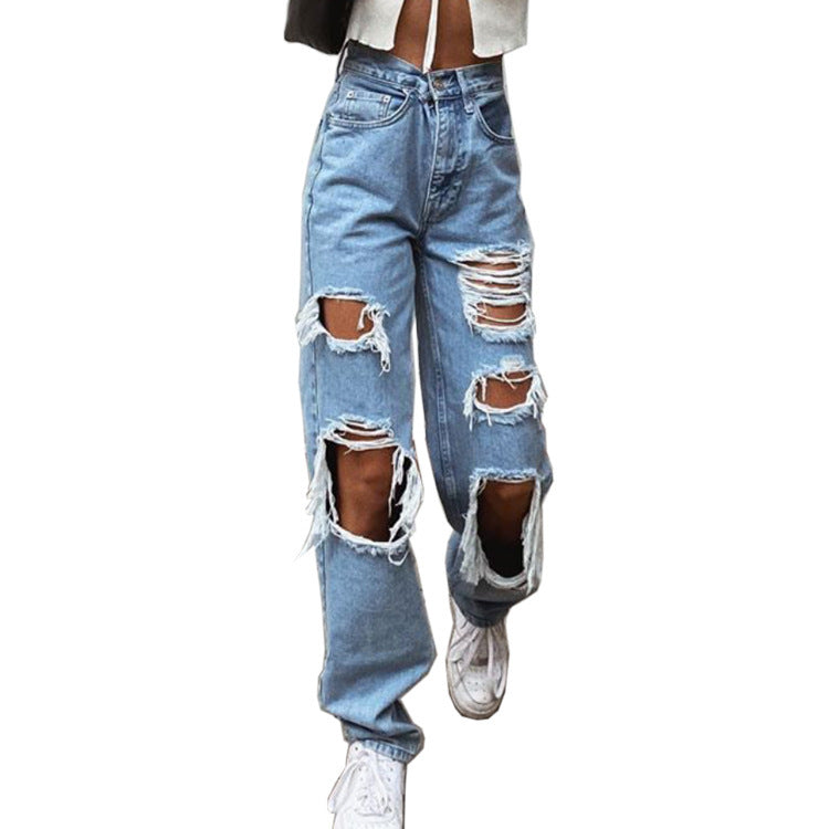 RAZO’s Sexy Summer Ripped Jeans Woman High Waist Holes Destroyed Broken Wide Pants Vintage Female Denim Trousers Distressed Designer