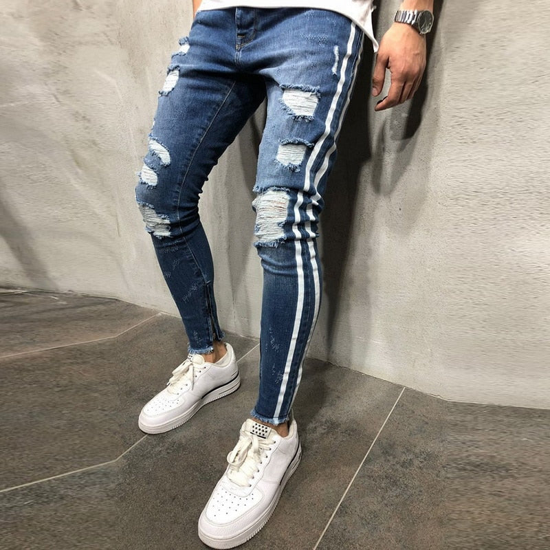 Ripped Side Striped Jeans Fashion Streetwear Mens Skinny Stretch Jeans Pants Slim Casual Denim
