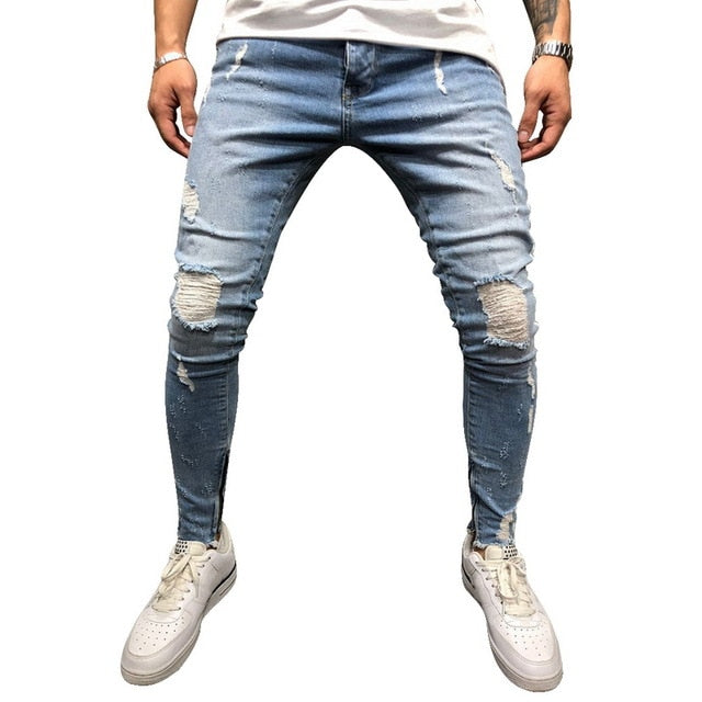 Ripped Side Striped Jeans Fashion Streetwear Mens Skinny Stretch Jeans Pants Slim Casual Denim