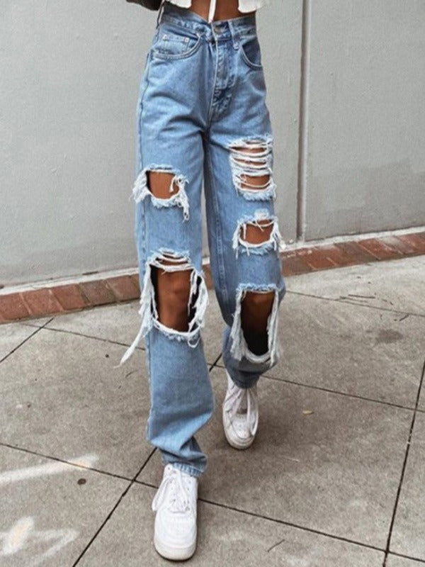 RAZO’s Sexy Summer Ripped Jeans Woman High Waist Holes Destroyed Broken Wide Pants Vintage Female Denim Trousers Distressed Designer