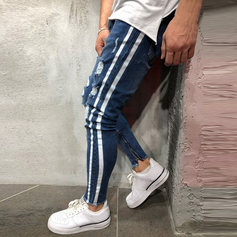 Ripped Side Striped Jeans Fashion Streetwear Mens Skinny Stretch Jeans Pants Slim Casual Denim