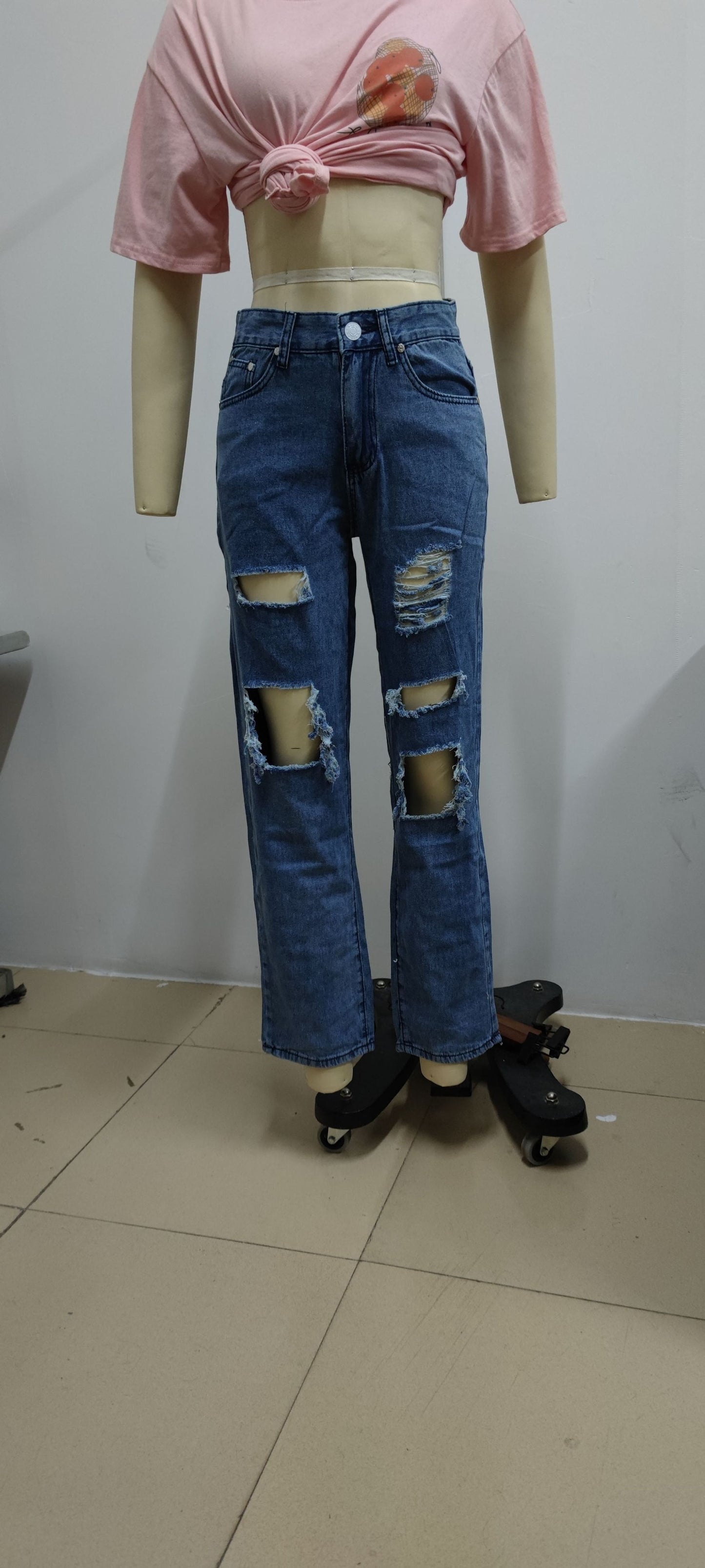 RAZO’s Sexy Summer Ripped Jeans Woman High Waist Holes Destroyed Broken Wide Pants Vintage Female Denim Trousers Distressed Designer