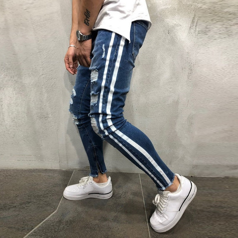 Ripped Side Striped Jeans Fashion Streetwear Mens Skinny Stretch Jeans Pants Slim Casual Denim