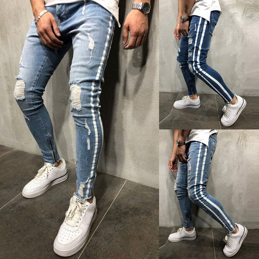 Ripped Side Striped Jeans Fashion Streetwear Mens Skinny Stretch Jeans Pants Slim Casual Denim