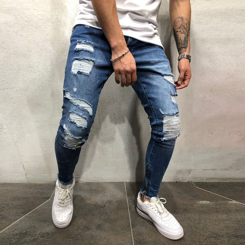 Ripped Side Striped Jeans Fashion Streetwear Mens Skinny Stretch Jeans Pants Slim Casual Denim